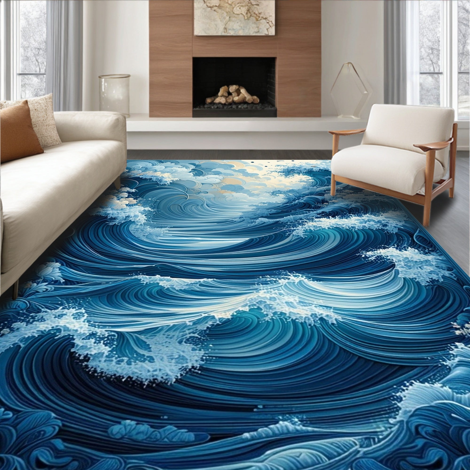 Serene Blue Ocean Wave Rug(Blue)