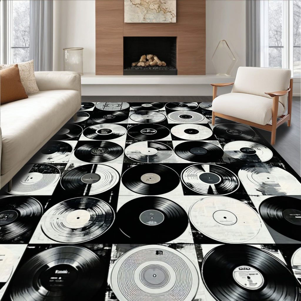 Nostalgic black-and-white vinyl record collage rug