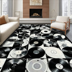 Nostalgic black-and-white vinyl record collage rug