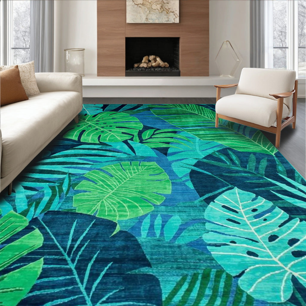 Vibrant Teal & Green Tropical Leaf Rug(Blue)