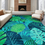 Vibrant Teal & Green Tropical Leaf Rug(Blue)