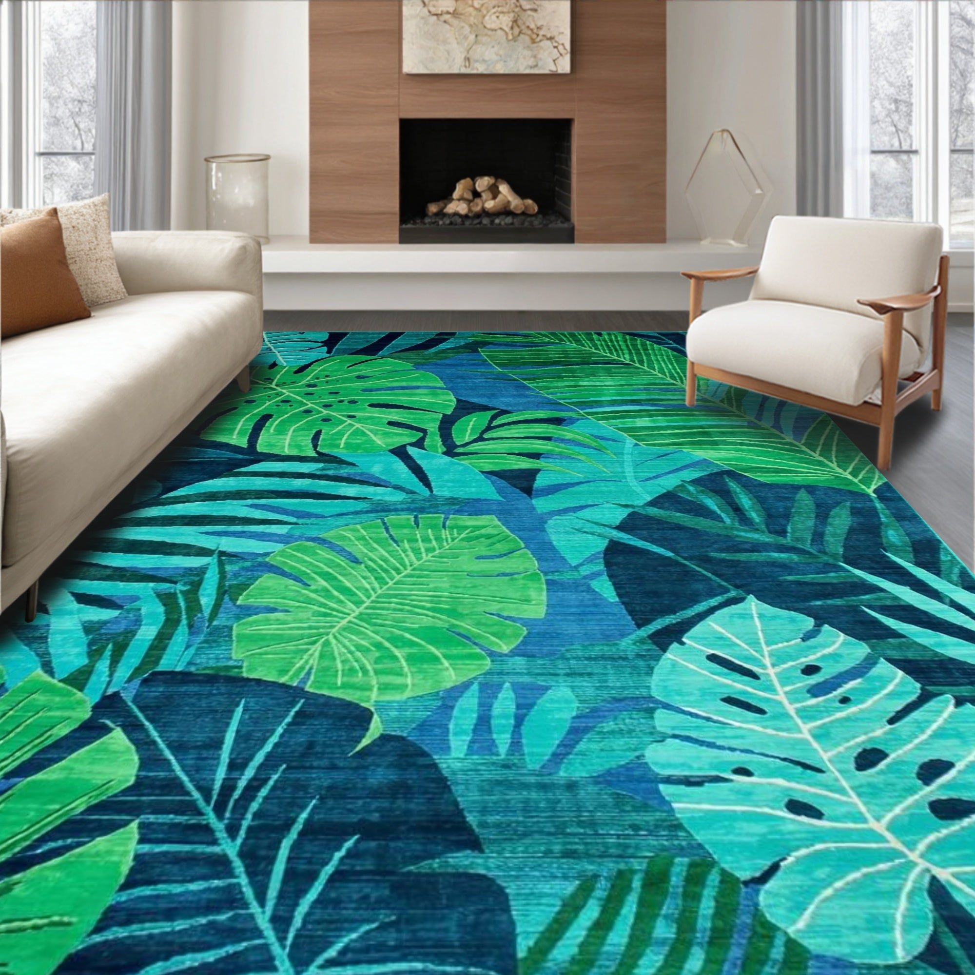 Vibrant Teal & Green Tropical Leaf Rug(Blue)