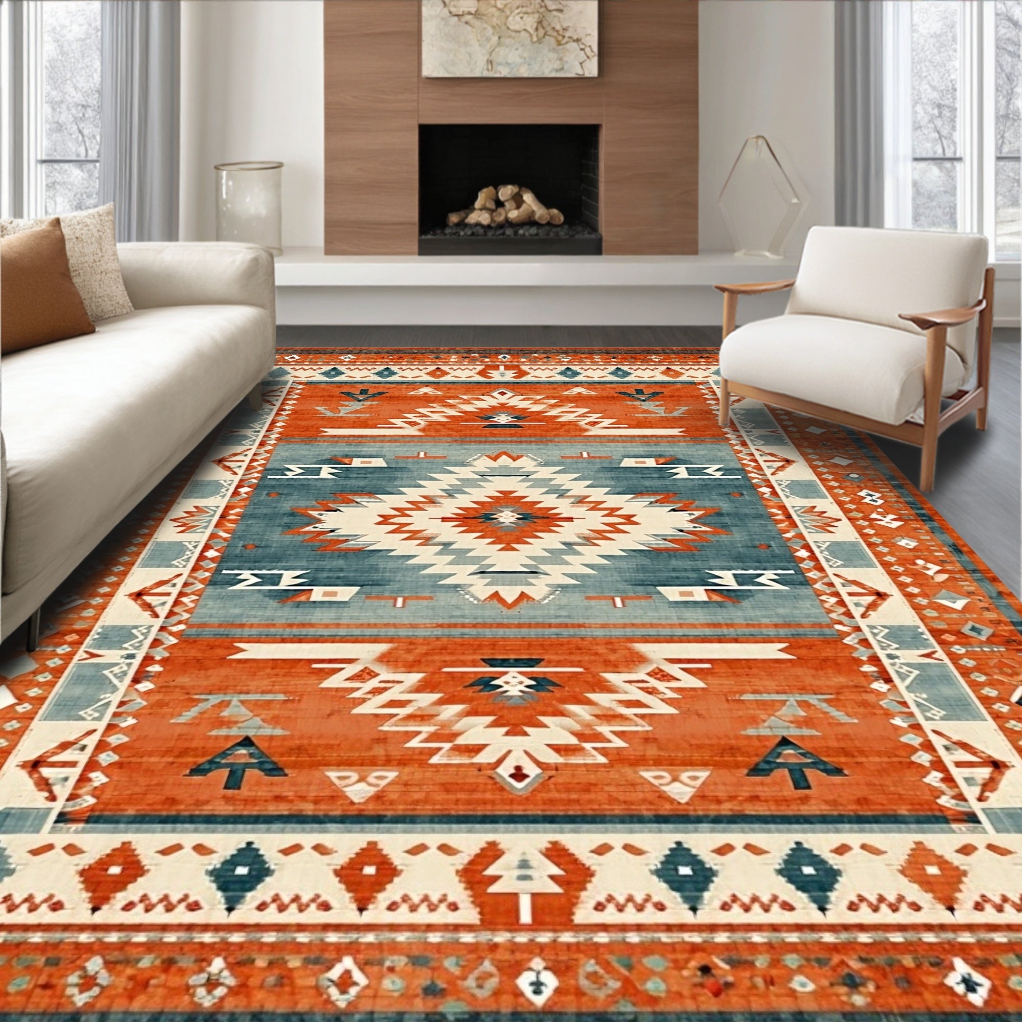 Energetic Terracotta Blue Tribal Rug(Red)