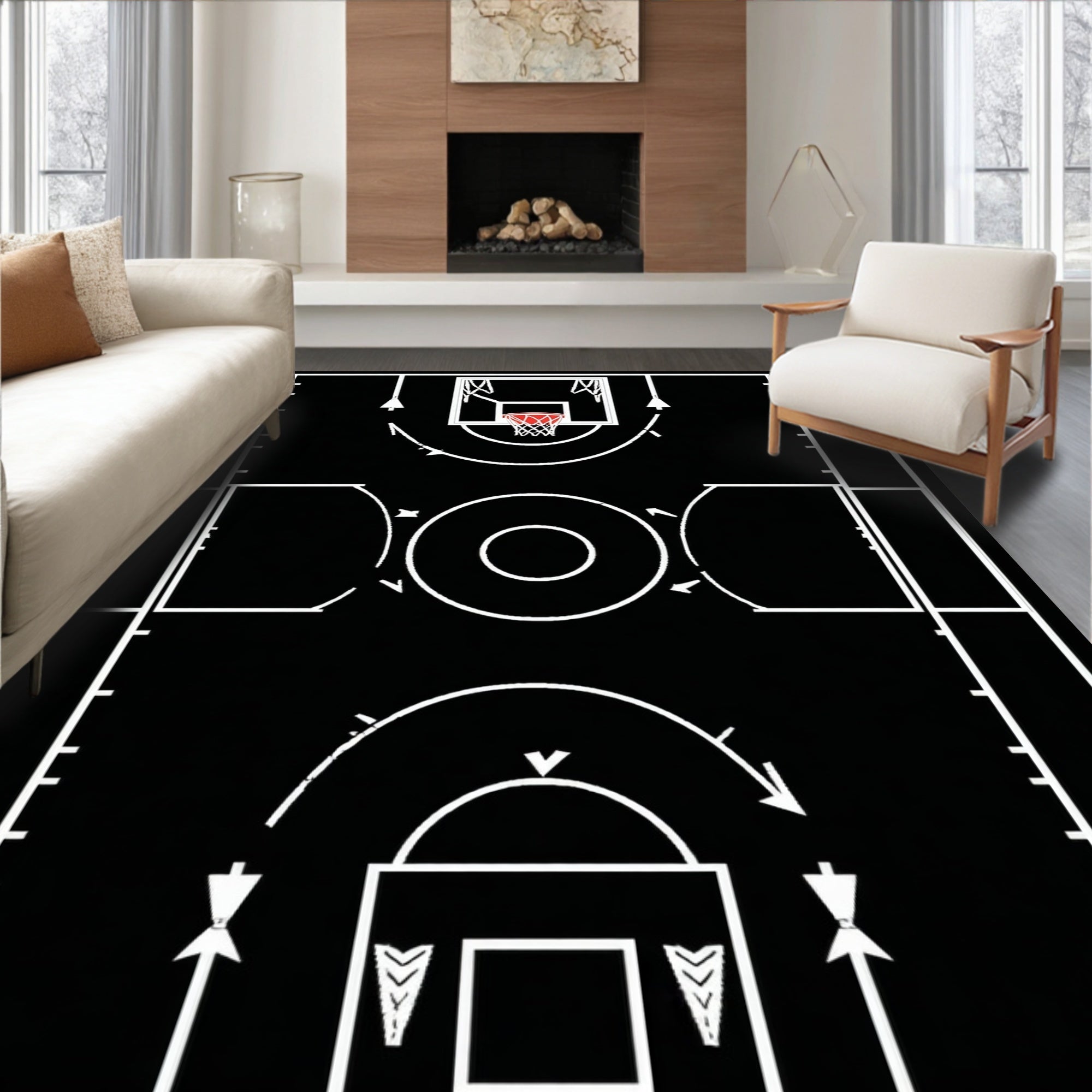 Sporty Basketball Court Black & White Rug(White)