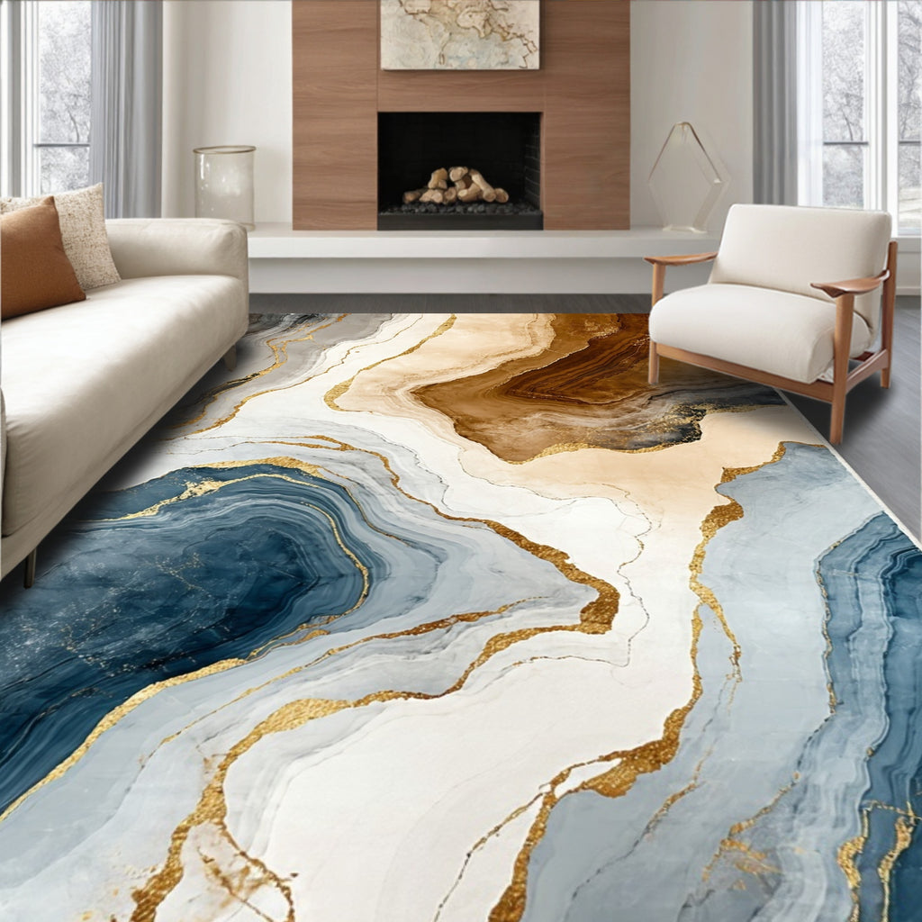 Elegant Brown Gold Blue Fluid Rug