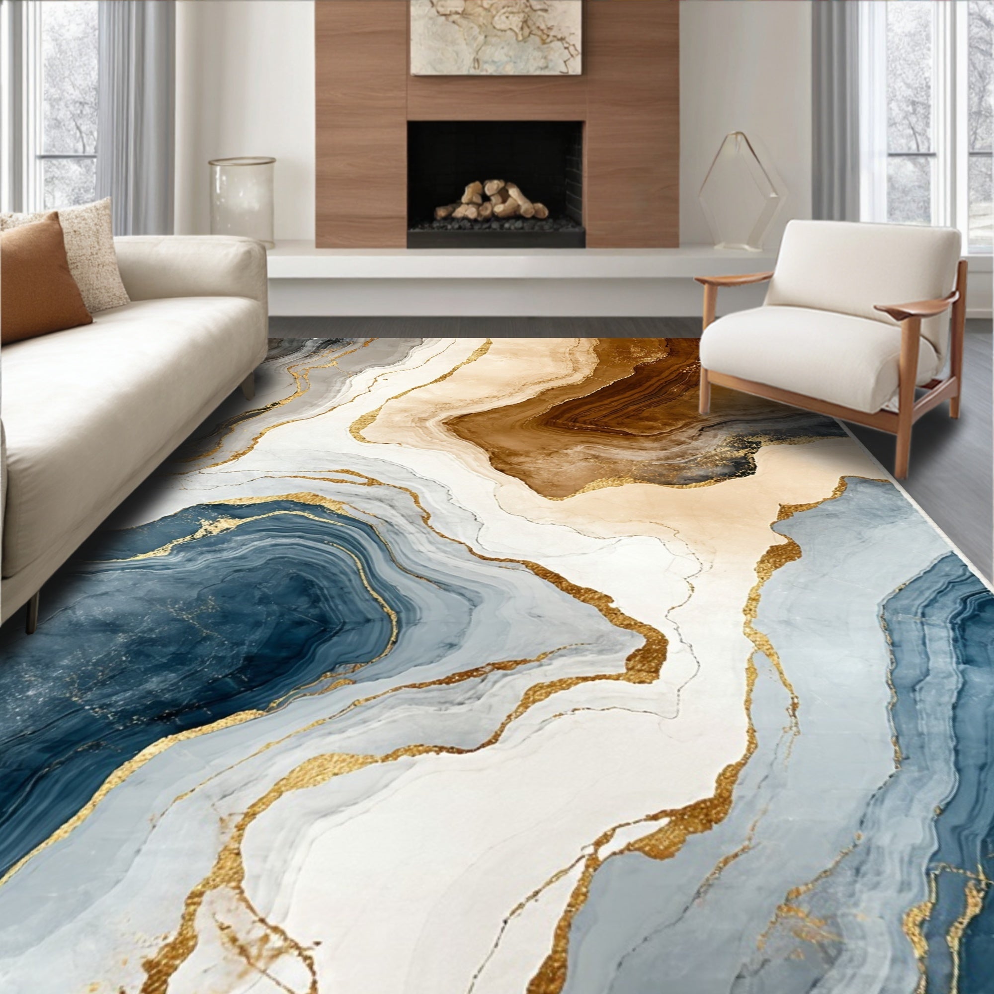 Elegant Brown Gold Blue Fluid Rug