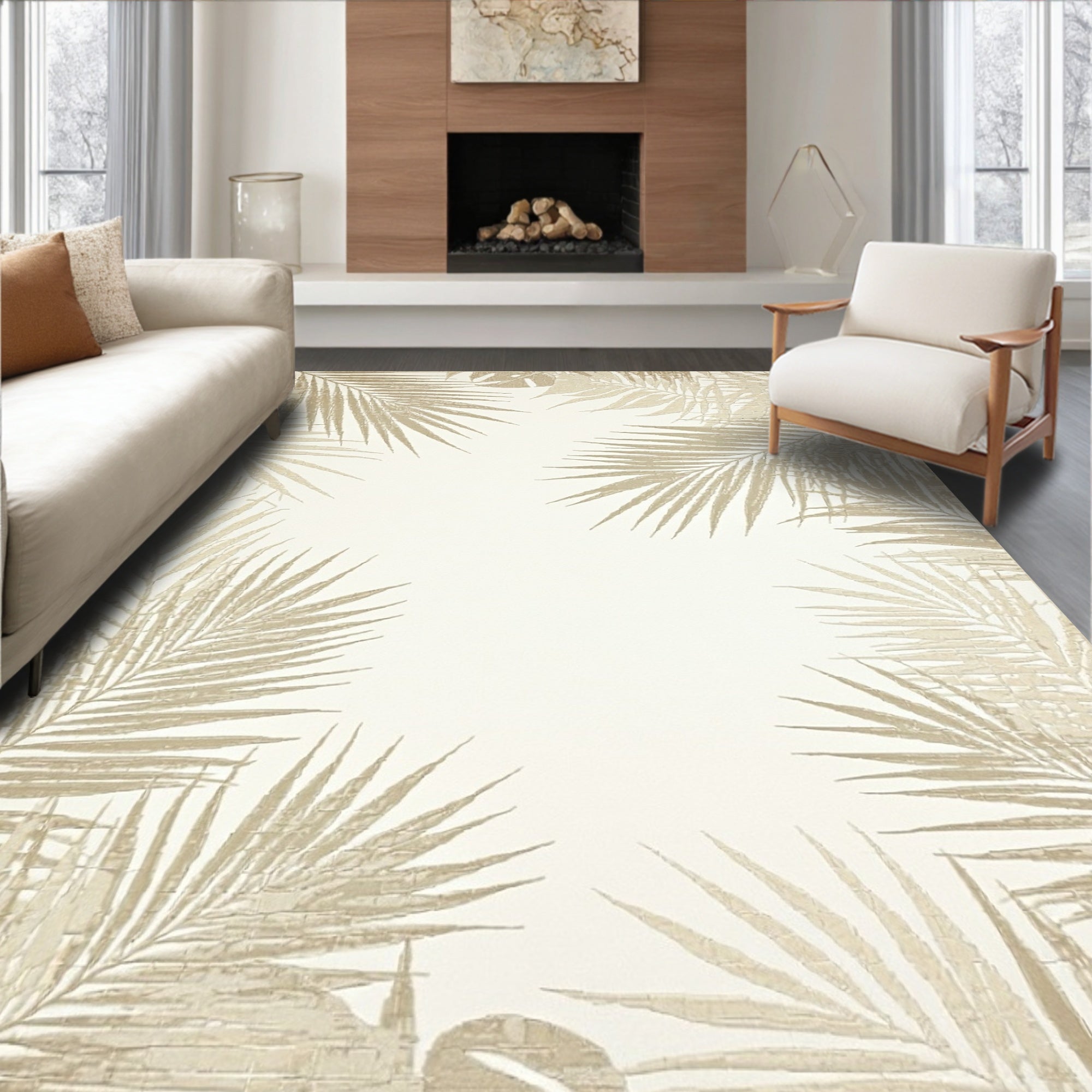 Beige Tropical Leaf Serene Rug(Beige)
