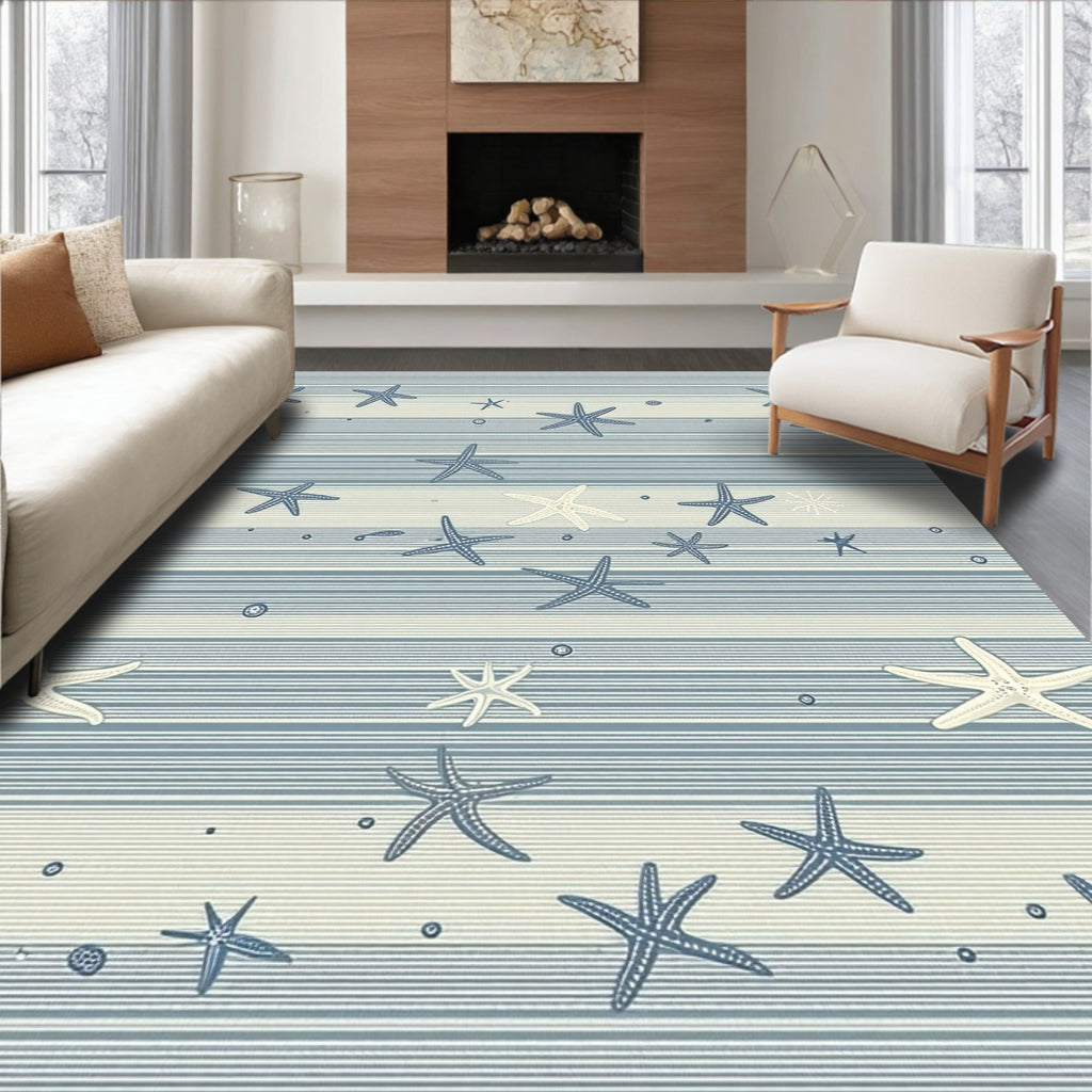 Blue Striped Starfish Coastal Rug(Blue)