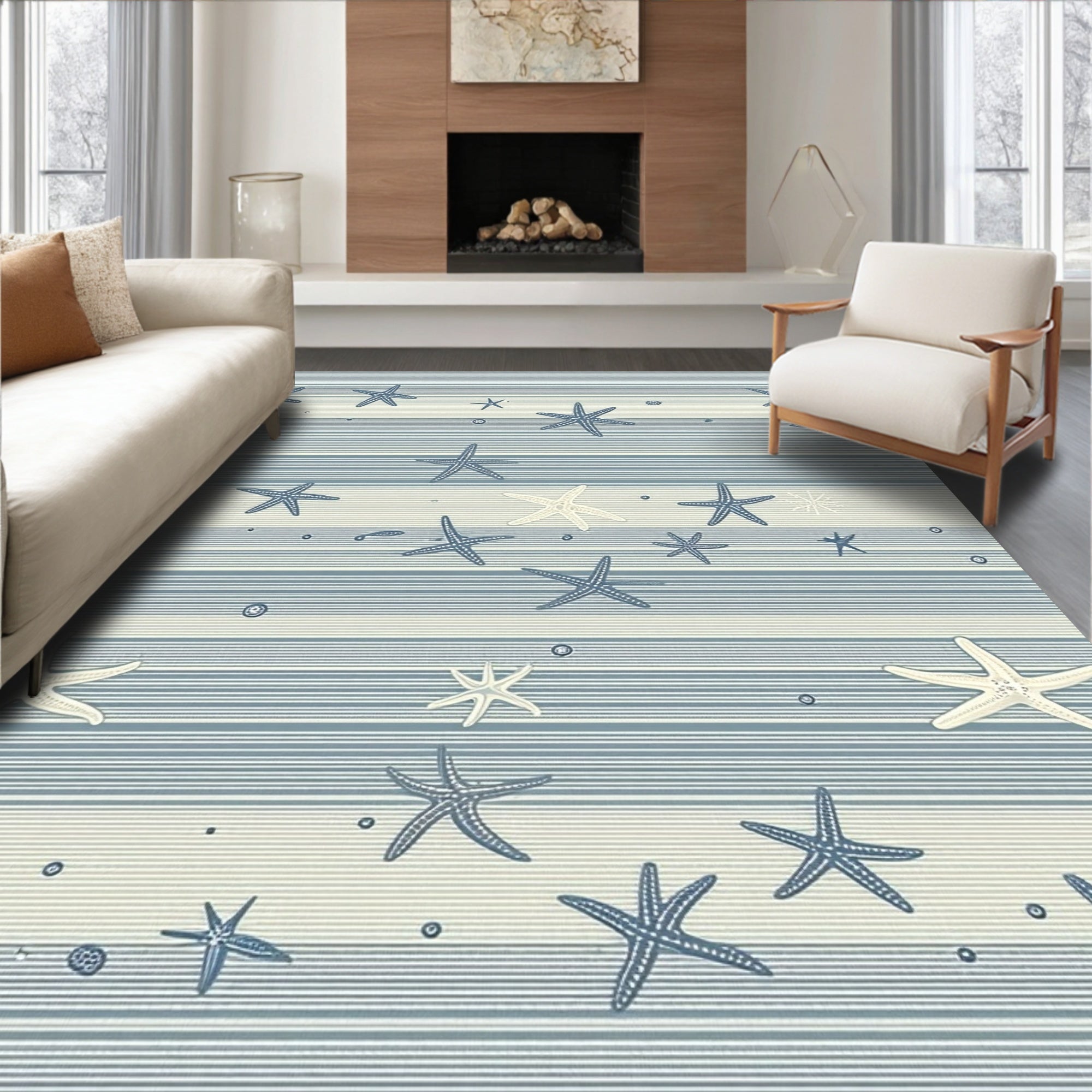 Blue Striped Starfish Coastal Rug(Blue)