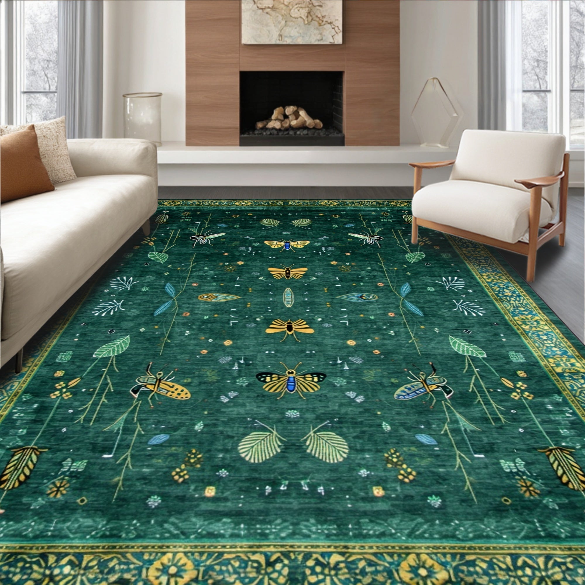 Teal Insect & Floral Whimsical Rug(Green)
