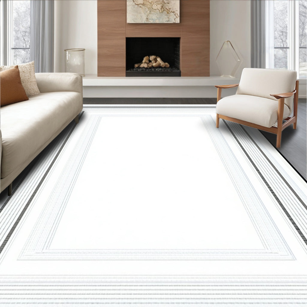 Modern White Gray Geometric Border Rug(White)