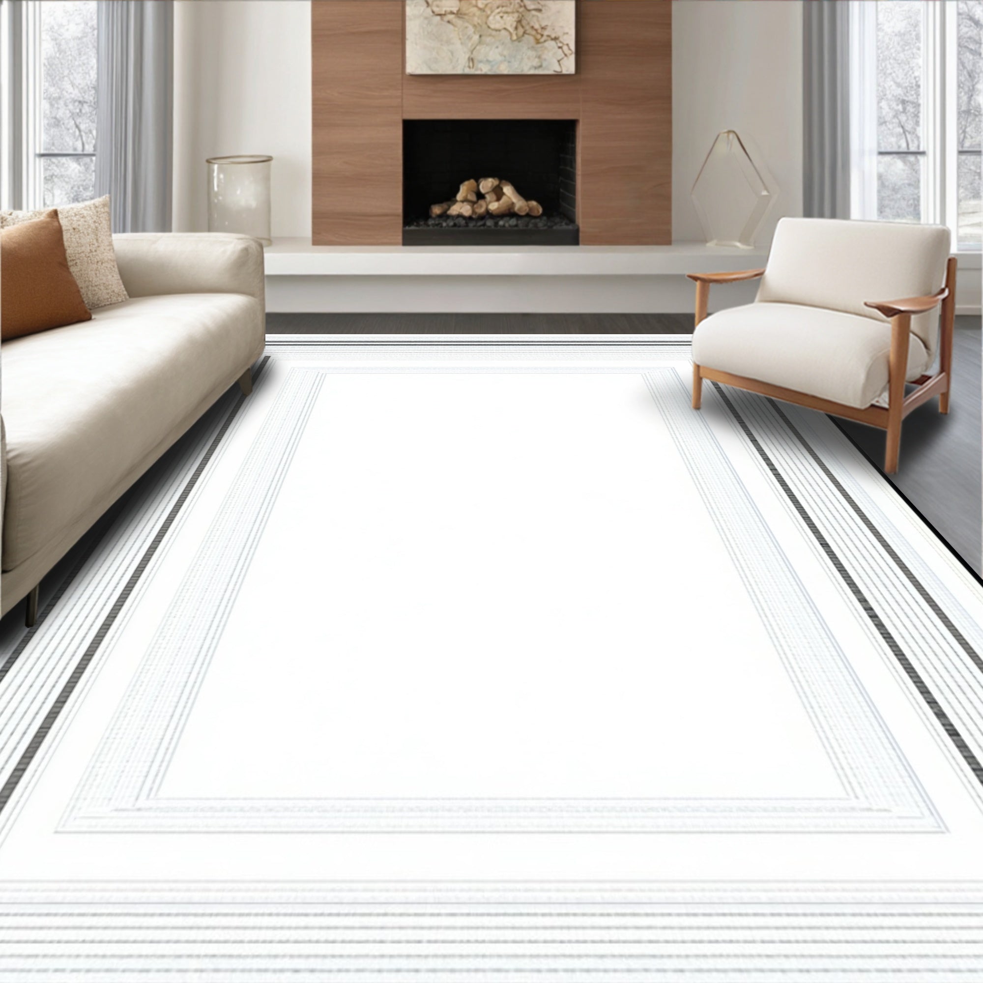 Modern White Gray Geometric Border Rug(White)