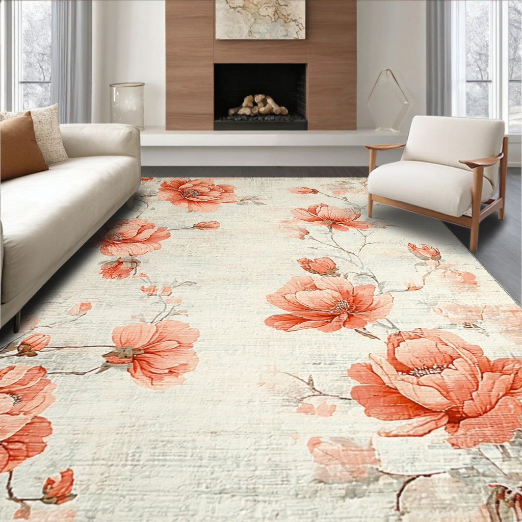 Romantic Coral Floral Rug(Beige)
