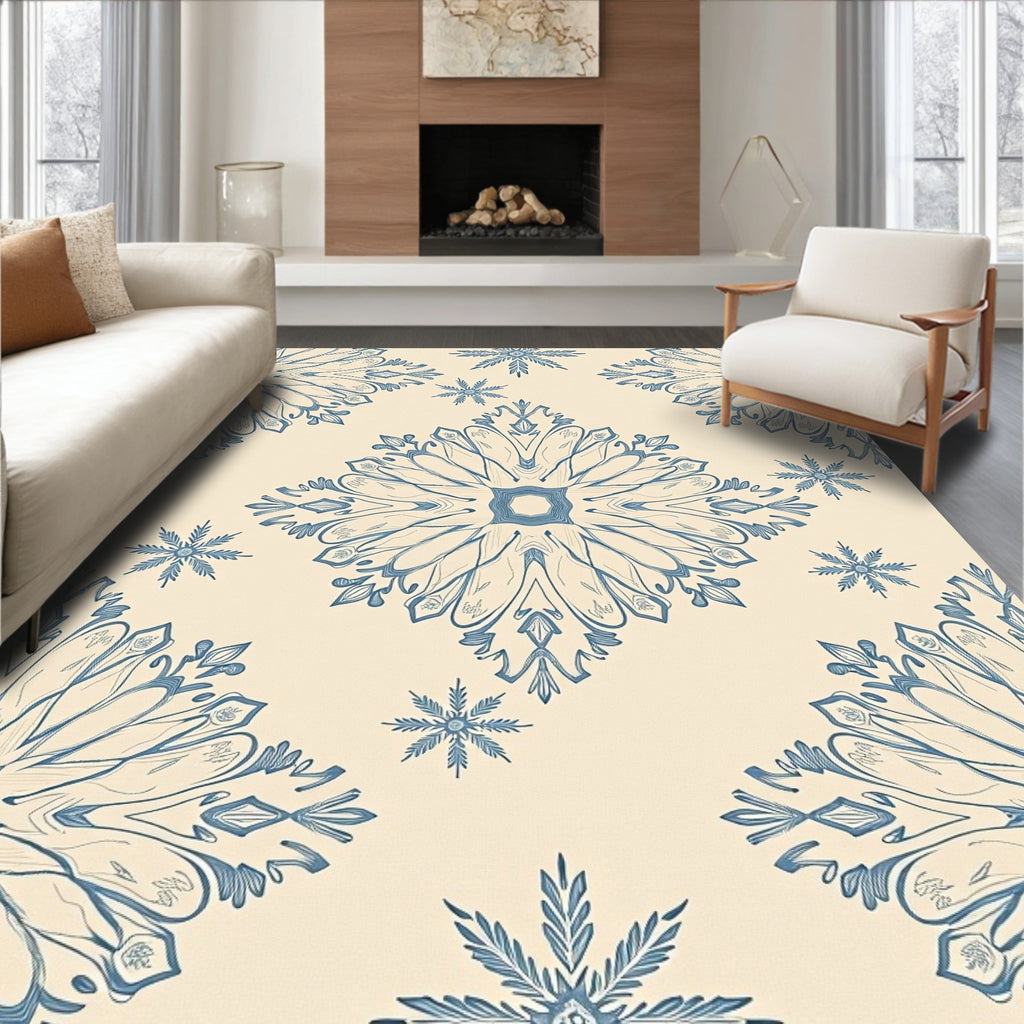 Beige Blue Snowflake Cozy Winter Rug(Beige)