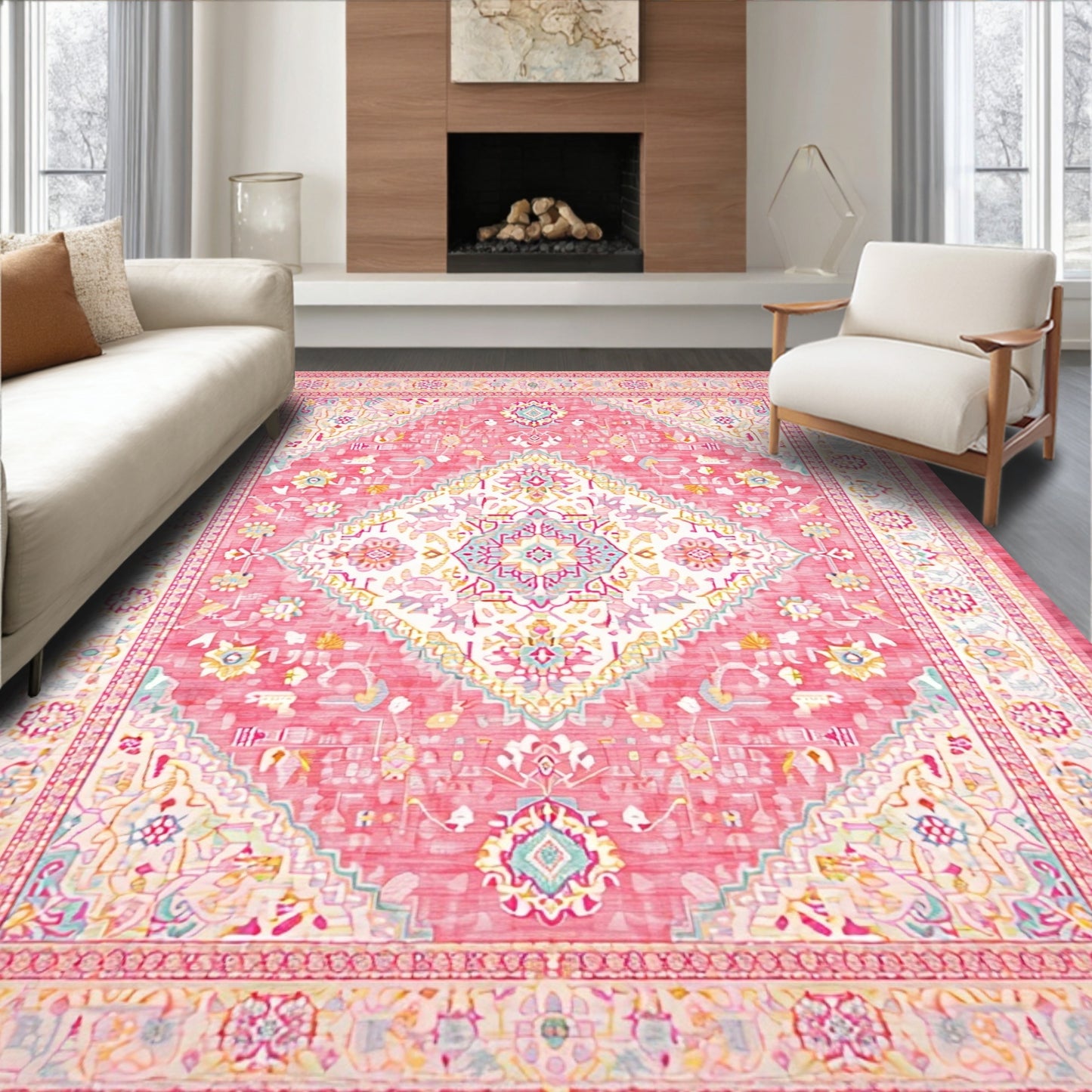 Pink Ornate Medallion Cheerful Rug(Red)
