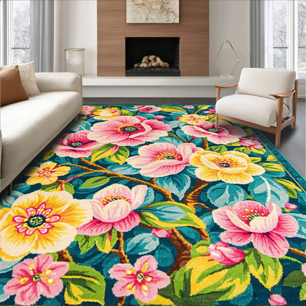 Vibrant Floral Teal Pink Yellow Rug(Blue)