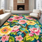 Vibrant Floral Teal Pink Yellow Rug(Blue)
