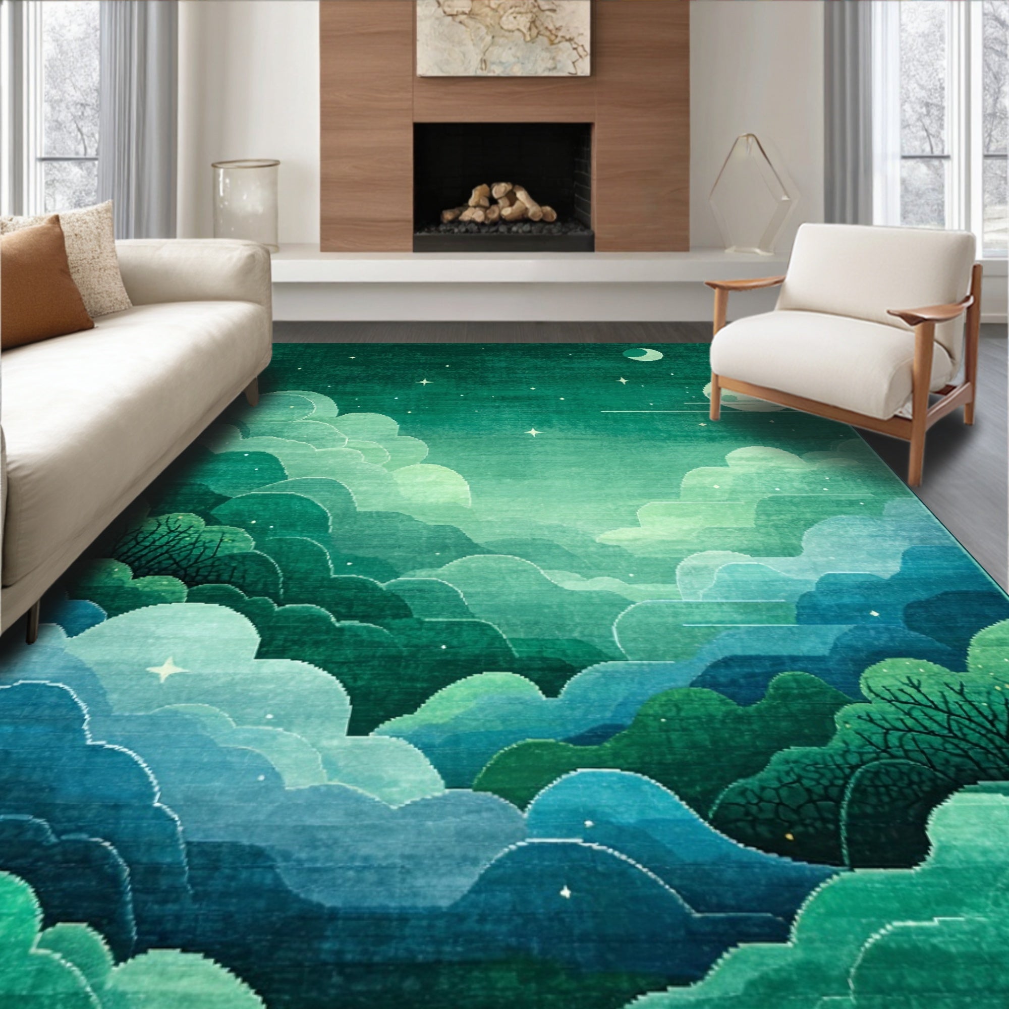 Teal Celestial Landscape Tranquil Rug(Green)