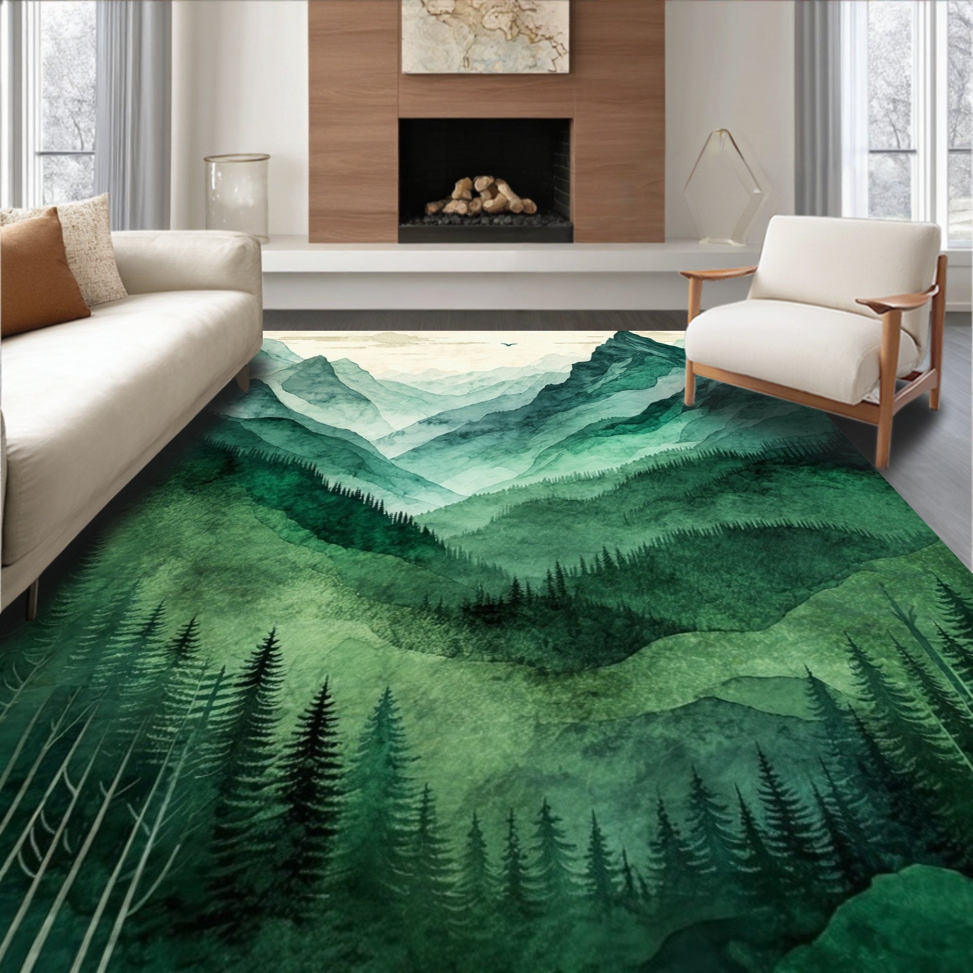 Emerald Mountain Forest Serene Rug