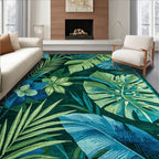 Vibrant Emerald Teal Tropical Foliage Rug(Blue)