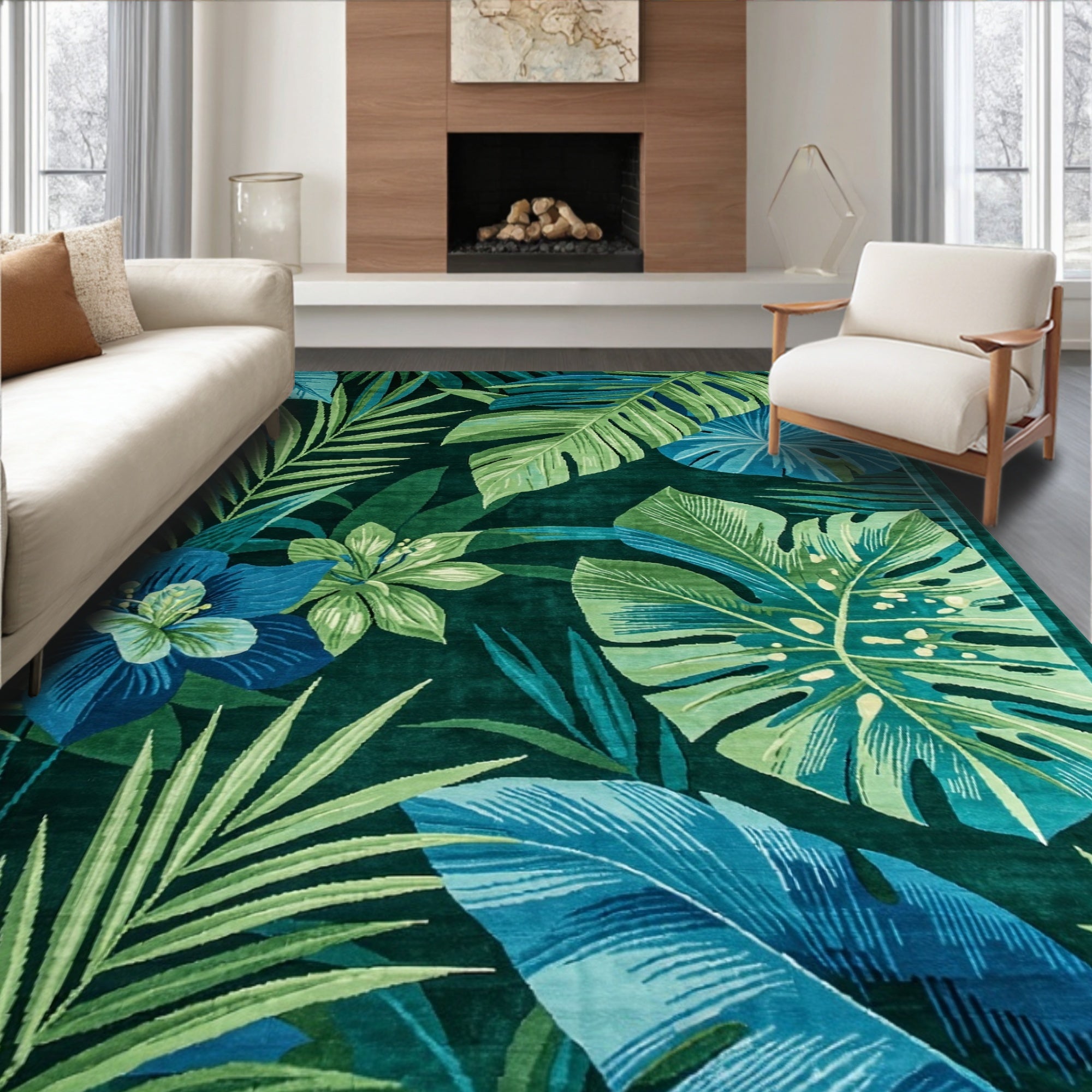 Vibrant Emerald Teal Tropical Foliage Rug(Blue)