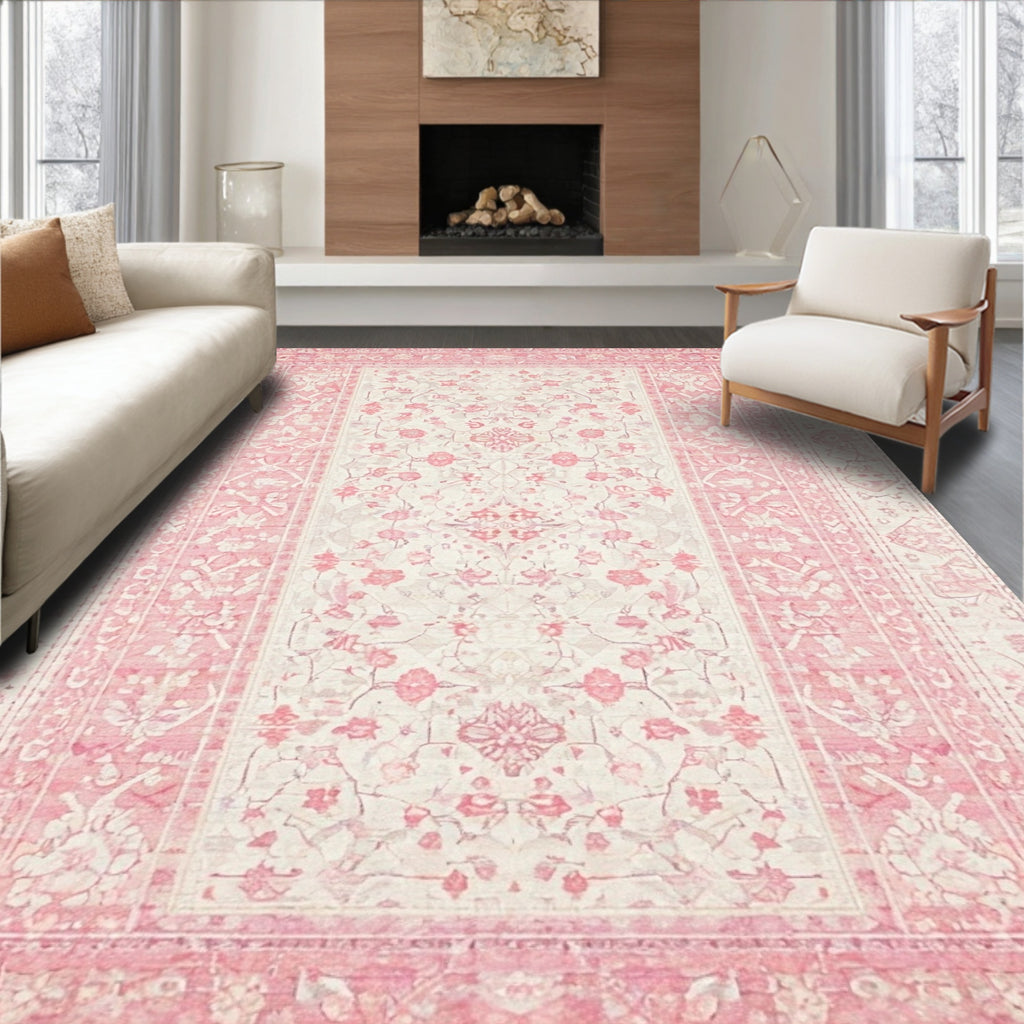 Blush Pink Floral Vintage Rug(Pink)