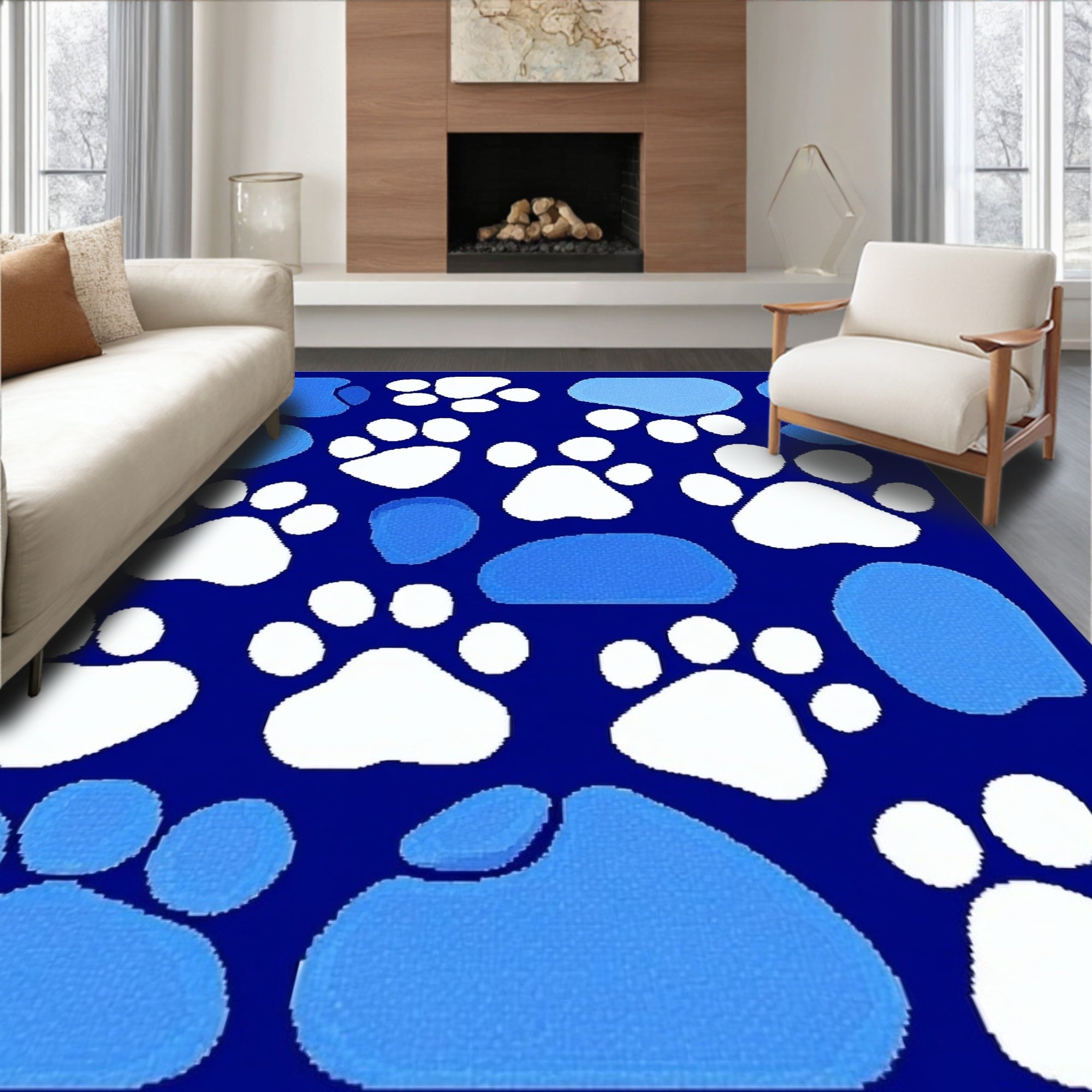 Navy Blue Paw Print Playful Rug(Blue)