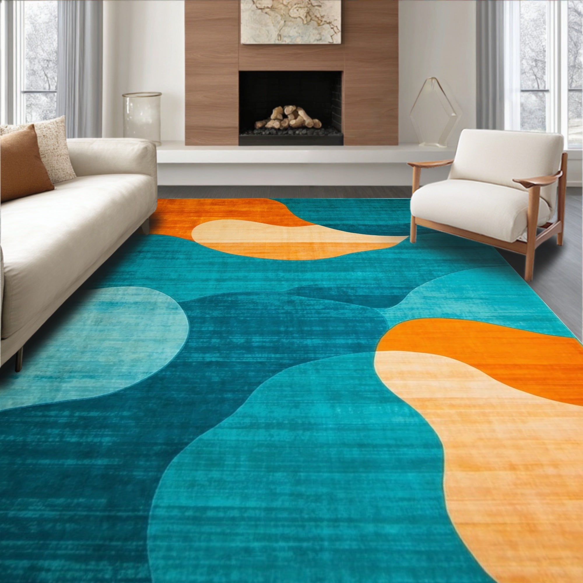 Vibrant Teal Orange Fluid Rug