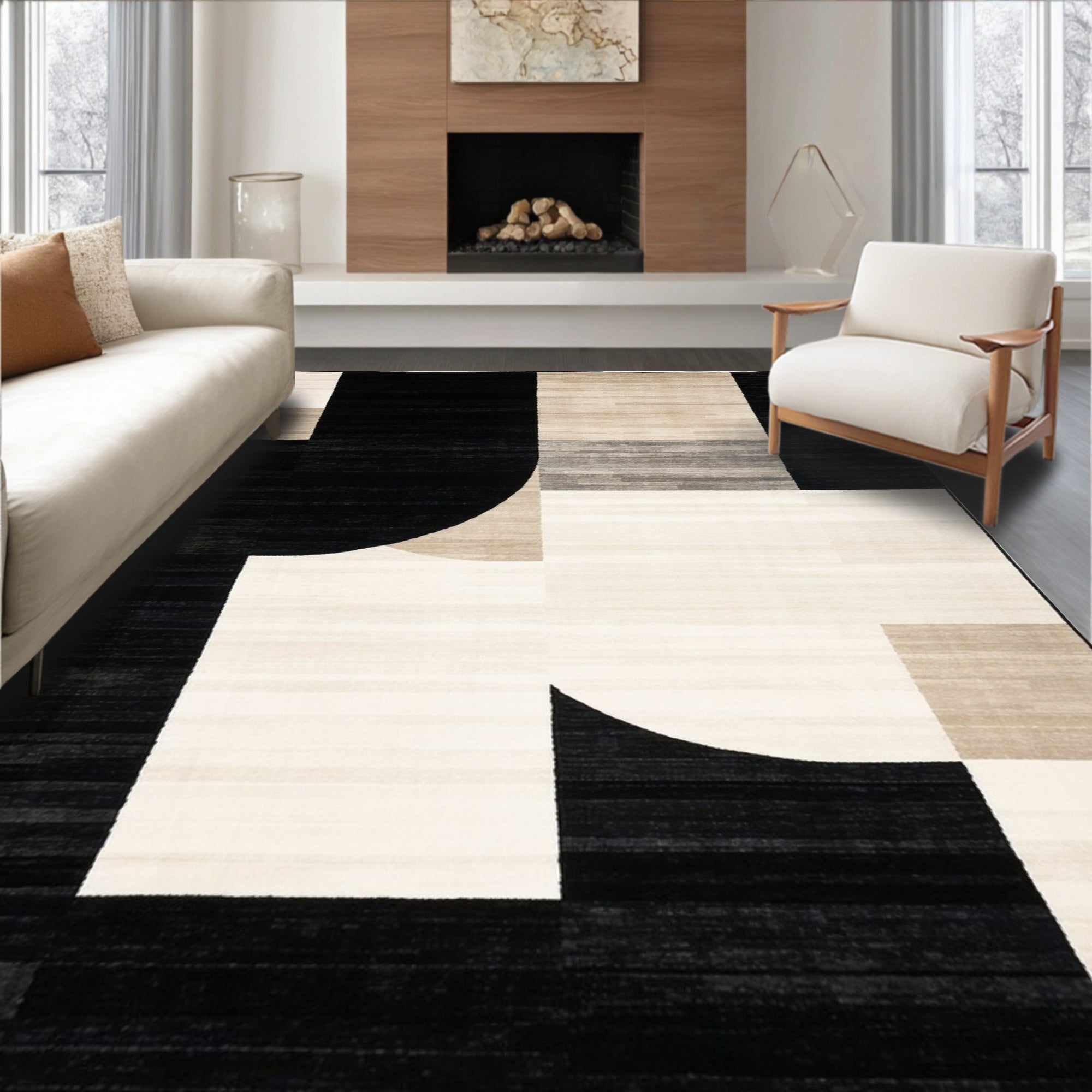 Modern Black White Geometric Abstract Rug