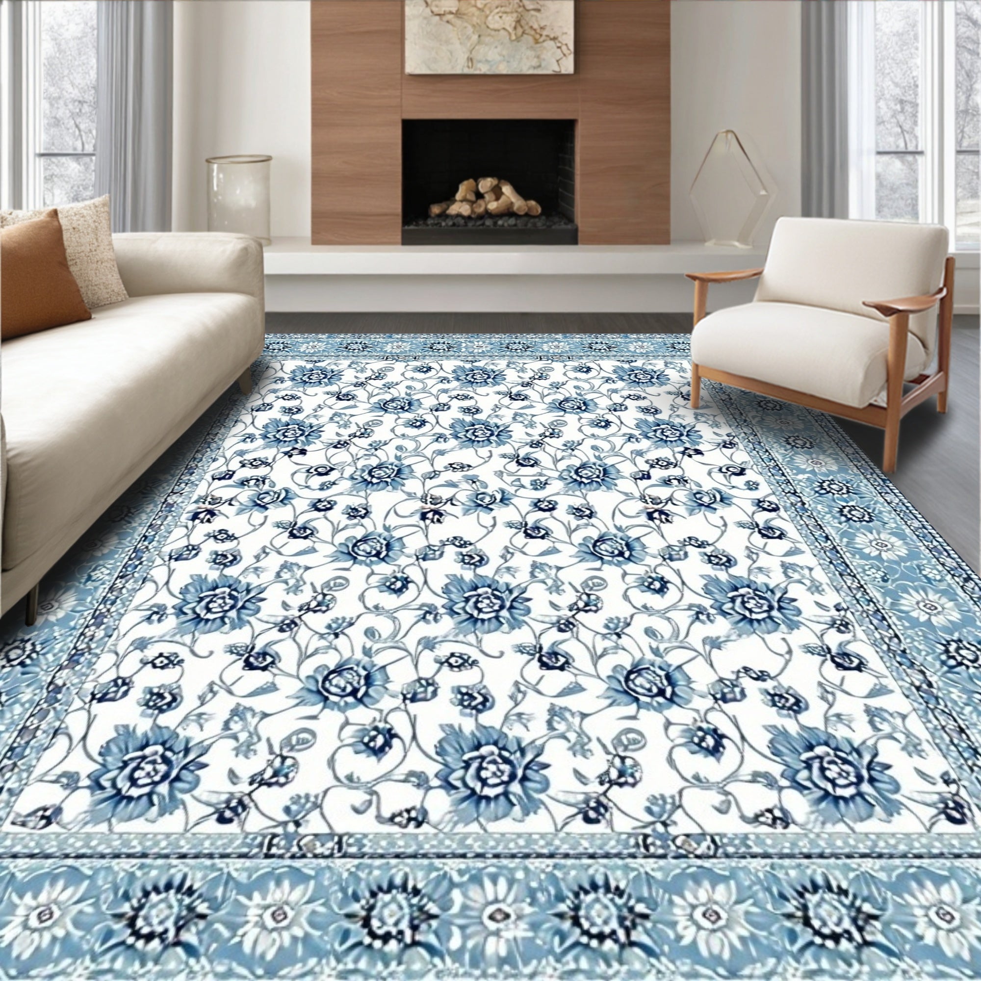 Serene Blue Floral Vine Rug(Blue)