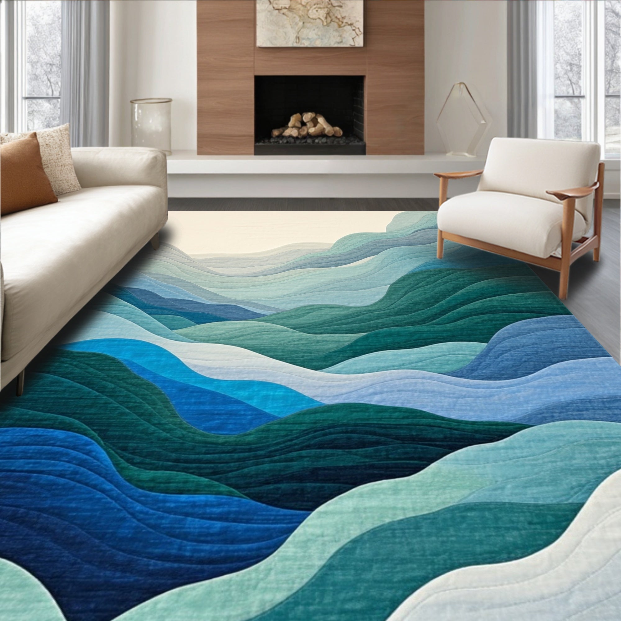 Teal and Blue Wave-Printed Serene Rug(Blue)