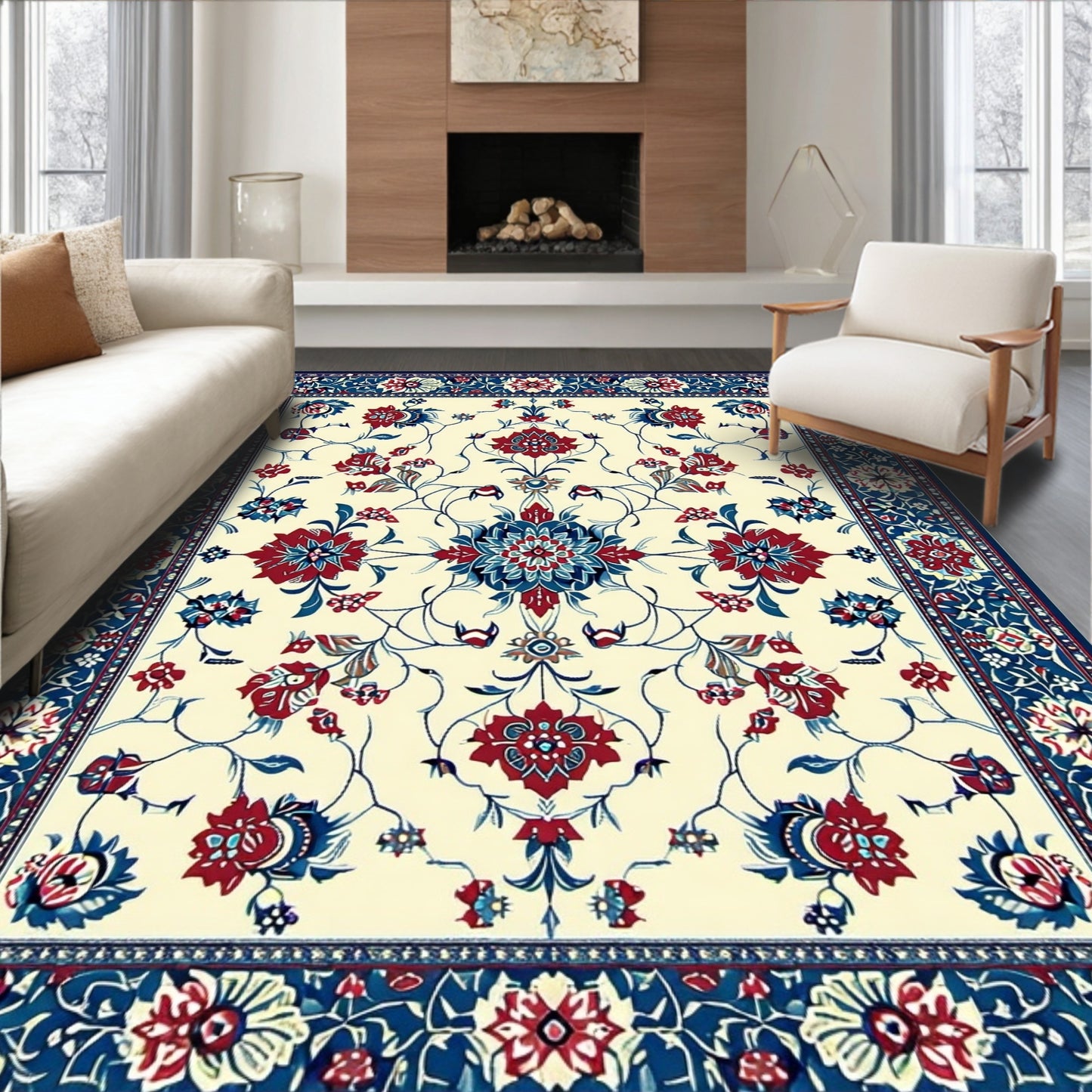 Elegant Cream Red Blue Ornate Floral Rug(Red)