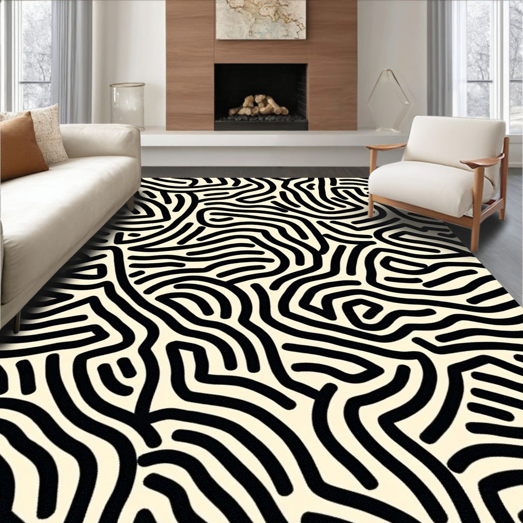 Cream Black Abstract Wave Modern Rug