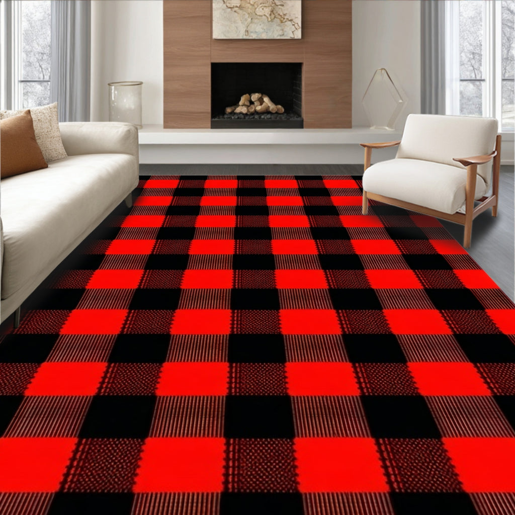Vibrant Red Black Checkered Rug(Red)