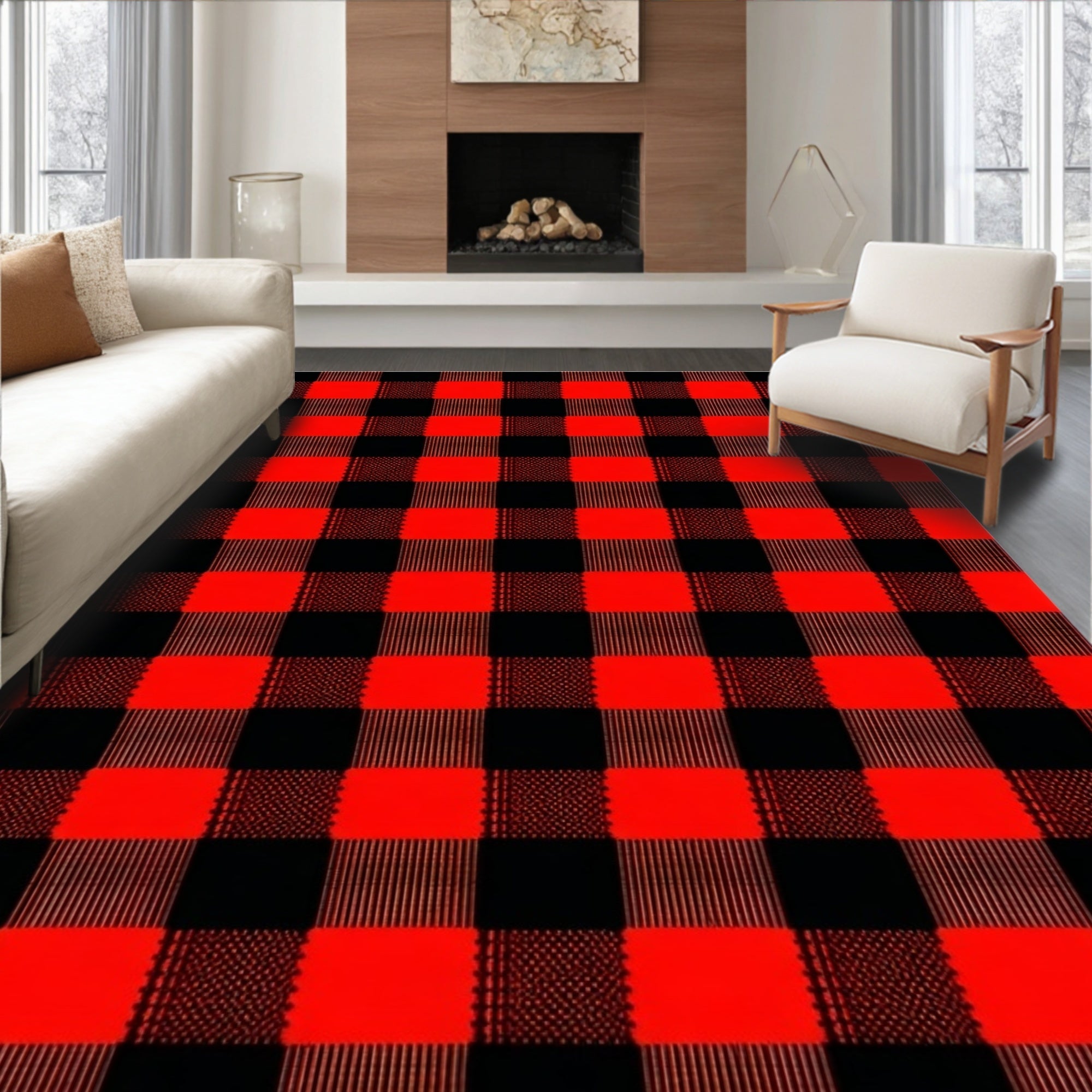 Vibrant Red Black Checkered Rug(Red)