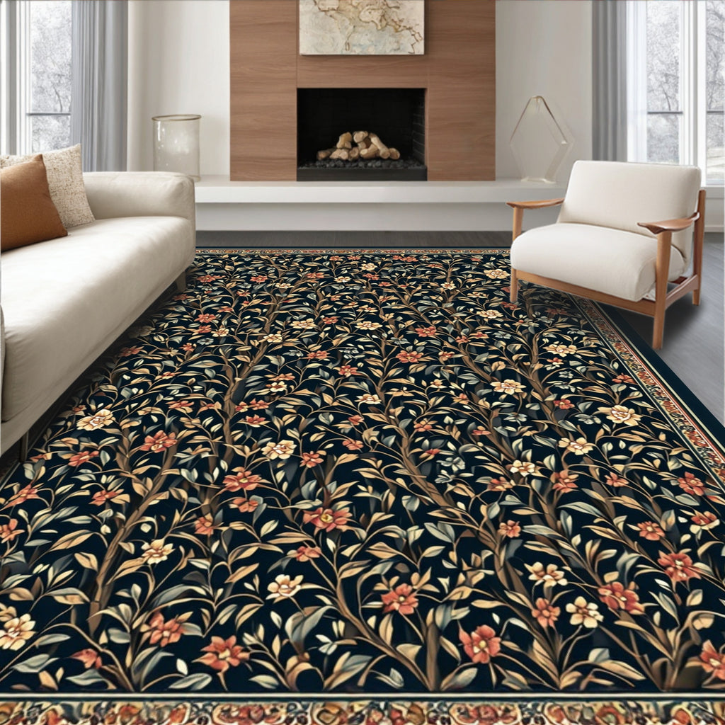Navy Floral Elegant Rug(Black)