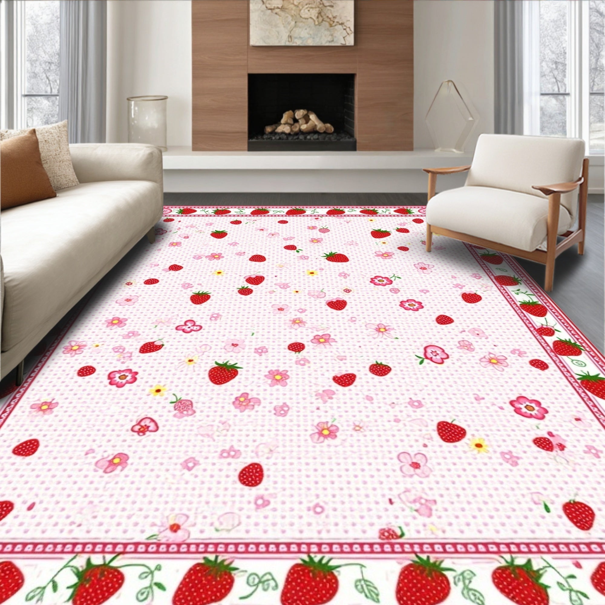 Pink Strawberry Floral Cheerful Rug