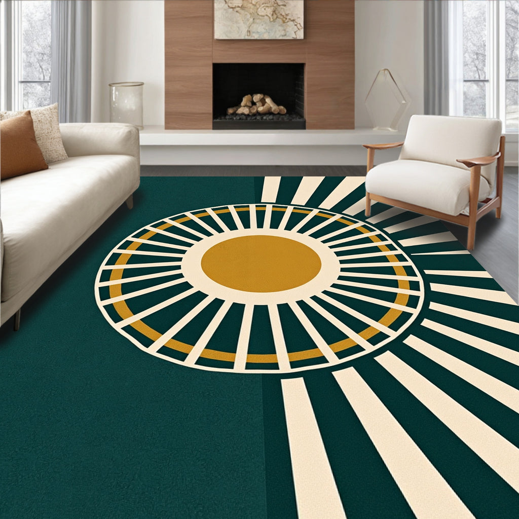 Teal Gold Sunburst Retro Rug(Green)