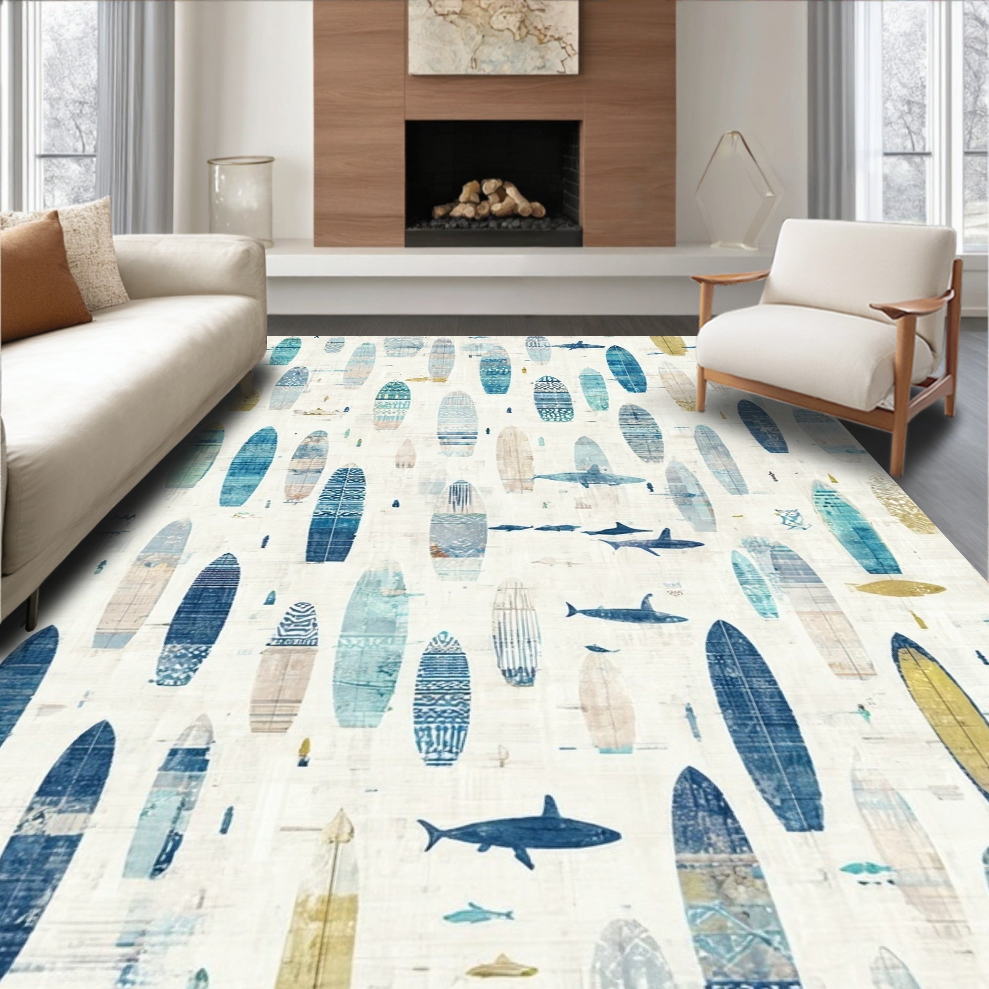 Blue Teal Surfboard Coastal Rug