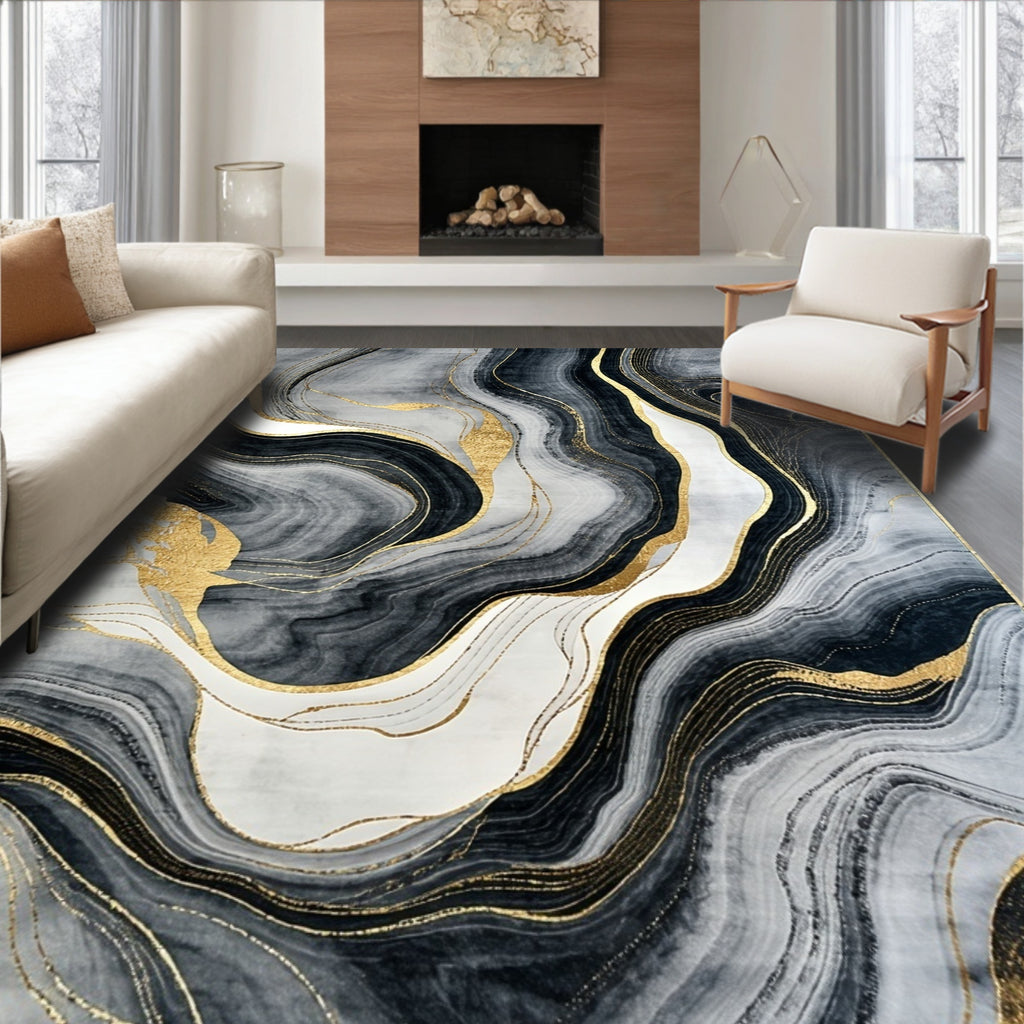 Sophisticated Wavy Black Gray Gold Rug