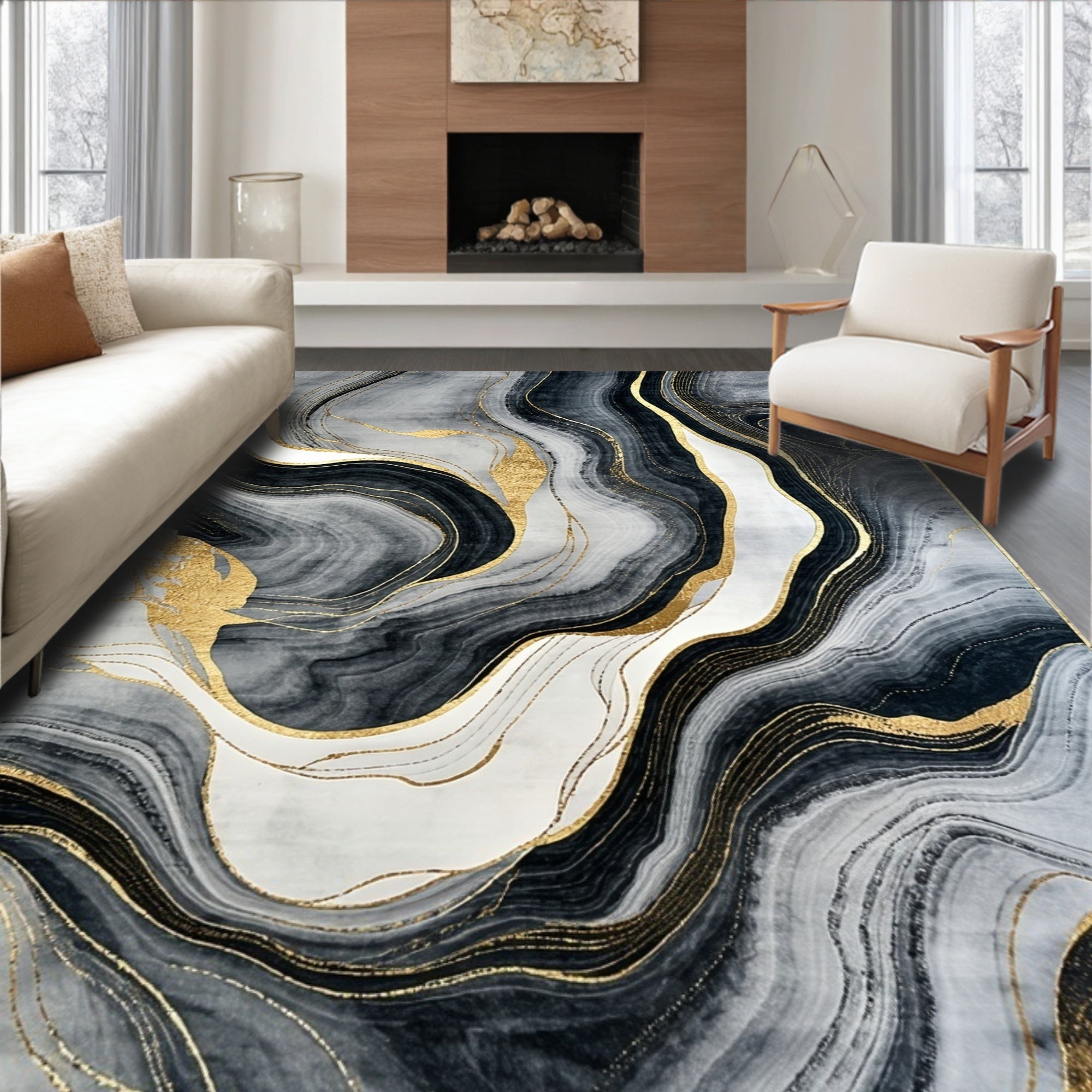 Sophisticated Wavy Black Gray Gold Rug