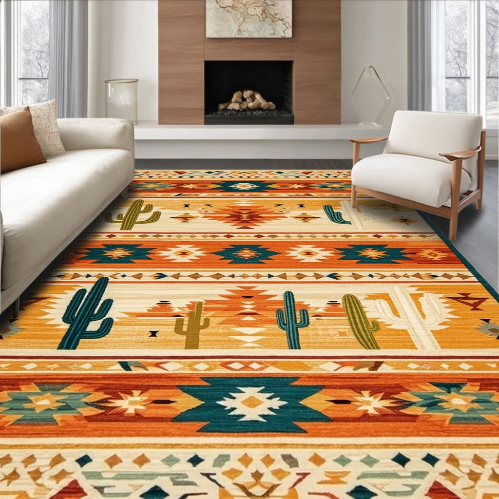 Vibrant Orange-Teal Tribal Desert Rug(Orange)
