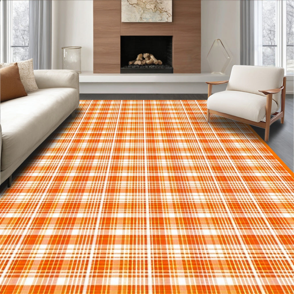 Vibrant Orange Plaid Cheerful Rug(Orange)
