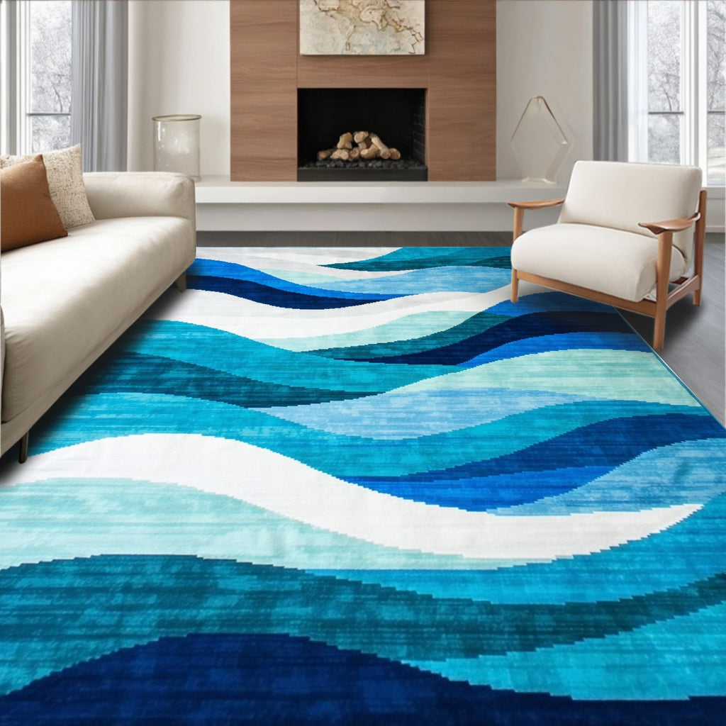 Soothing Blue Wave Pattern Rug