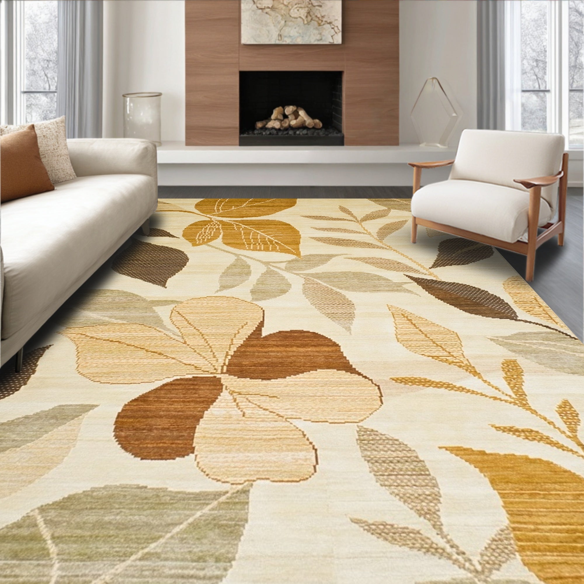 Warm Earth-Toned Leaf Print Rug