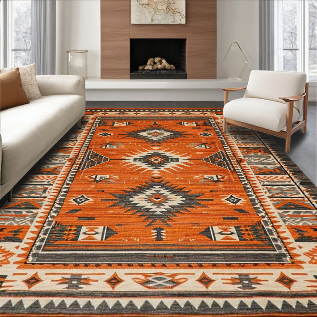 Warm Orange Tribal Geometric Rug(Orange)