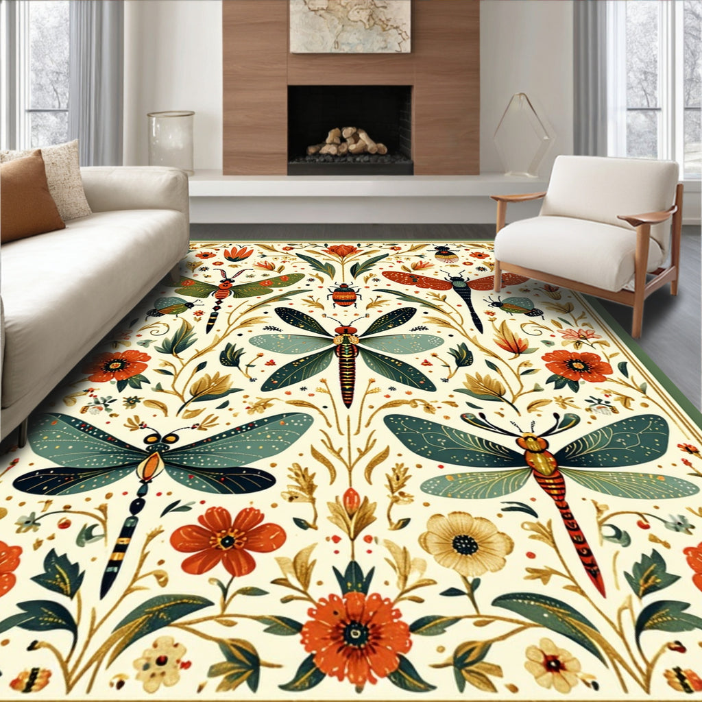 Vibrant Earth-Toned Insect Floral Whimsical Rug(Yellow)