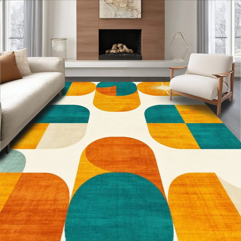Vibrant Retro Geometric Teal-Orange Rug