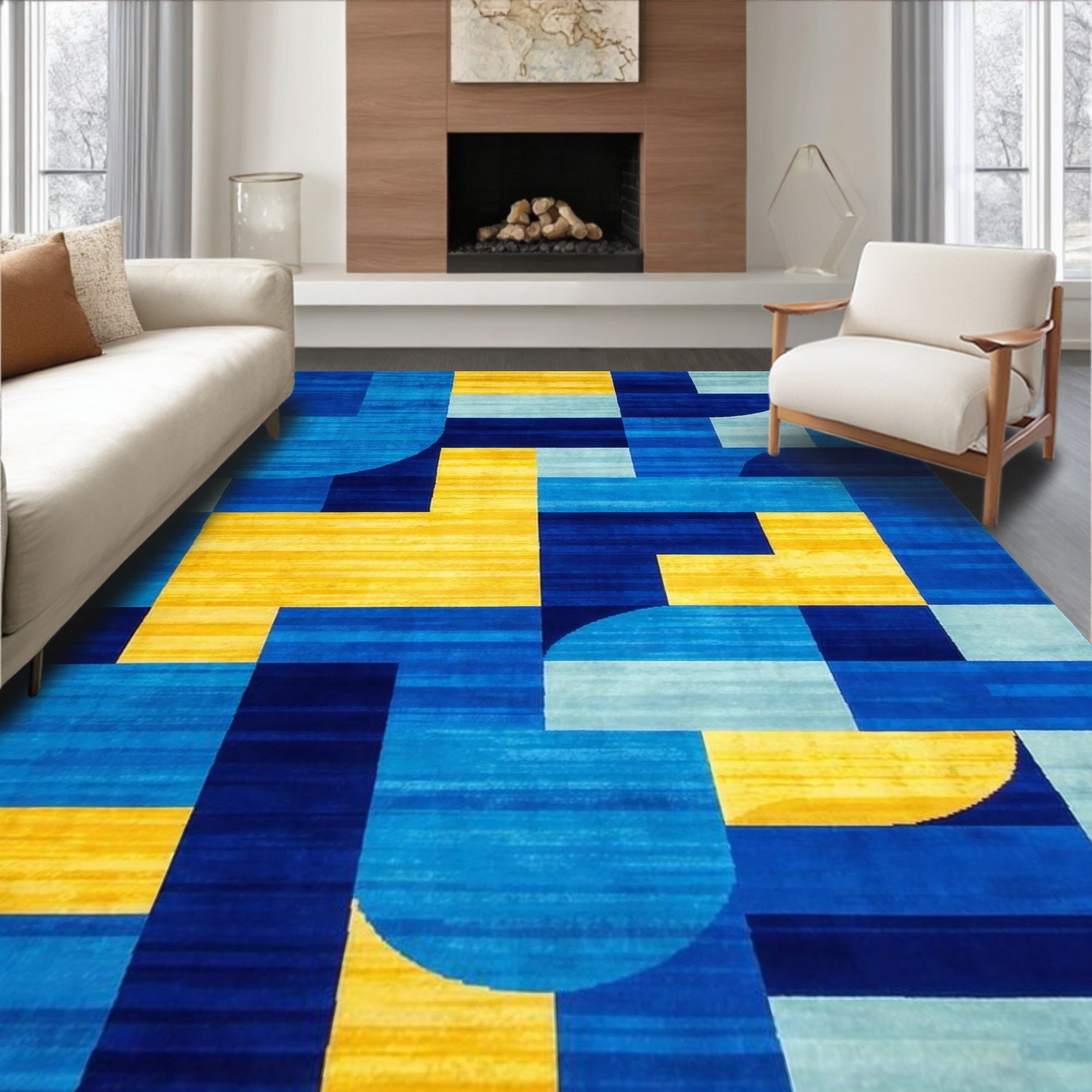 Vibrant blue-yellow geometric modern rug