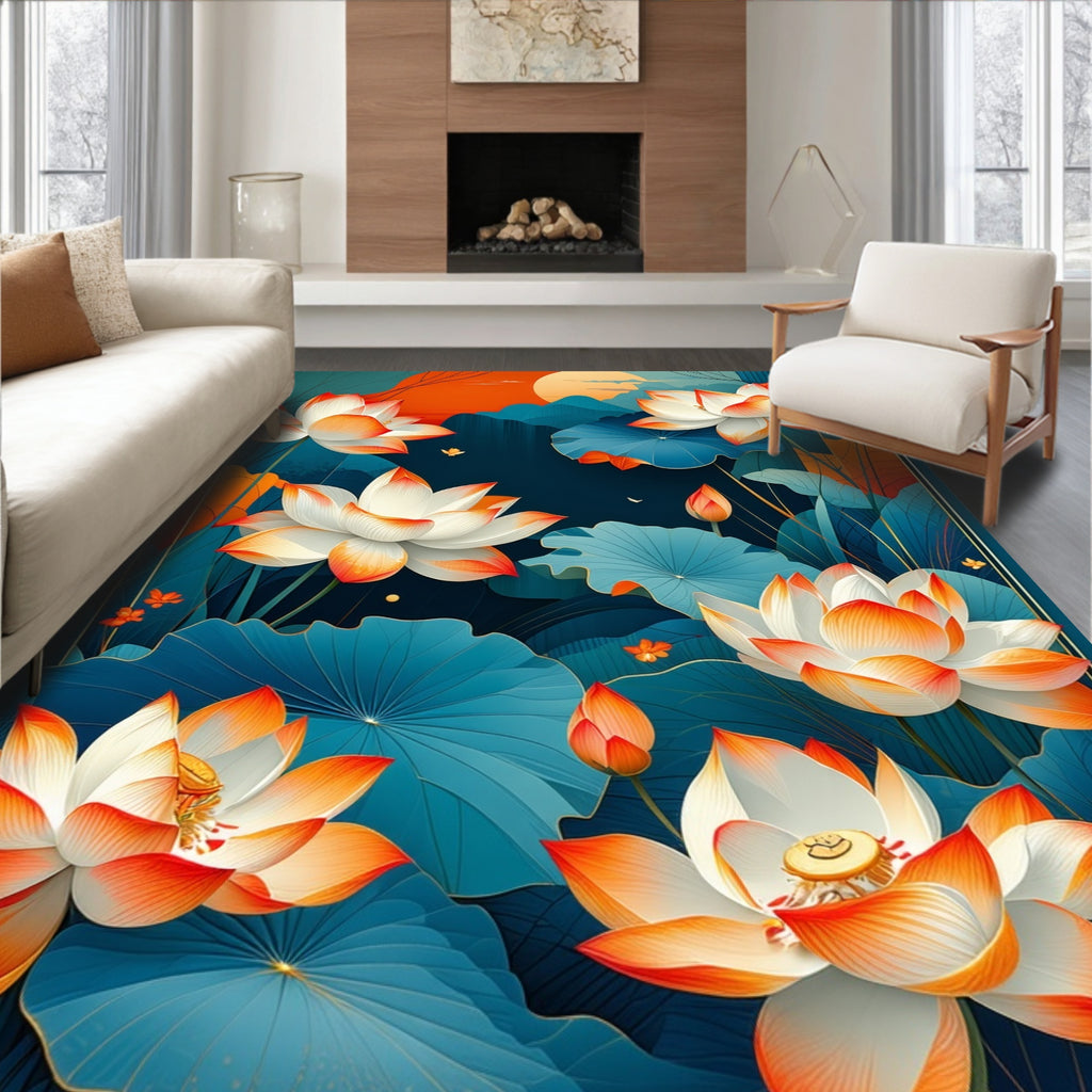 Serene Teal-Orange Lotus Rug(Blue)